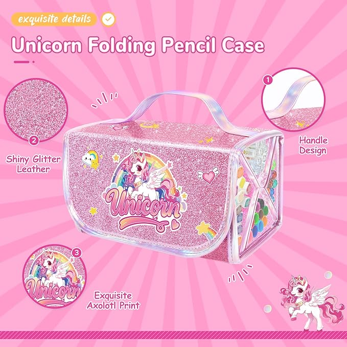 70 PCS Unicorn Arts and Crafts for Girls Ages 4-6-8, Art Supplies Set with 3D Rainbow Glitter Pencil Case, Washable Dual Markers, Scented Gel Pens, Twist-up Crayons & Unicorn Stickers, Birthday Gift