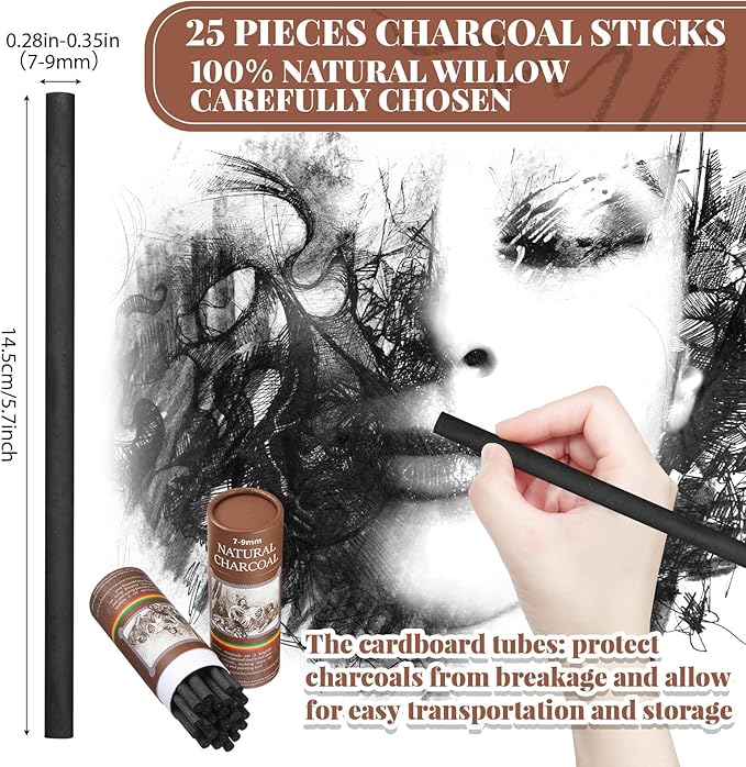 Gueevin 25 Pcs Willow Charcoal Sticks, Willow Charcoal, Artists, Beginners, Students, Perfect for Sketching, Drawing, Shading, and Fine Art Christmas Gifts for Art (7-9mm)