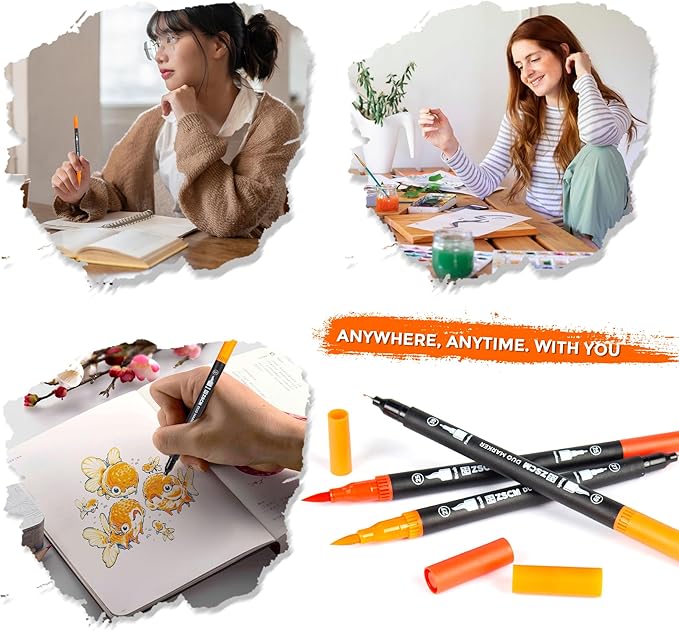 ZSCM Orange Duo Tip Marker Pens, 12 Pack Fine & Brush Markers for Adult Coloring Books No Bleeding, Sunset Orange Markers for Autumn Scenes, Citrus Fruits, Vibrant Fills and Energetic Artworks