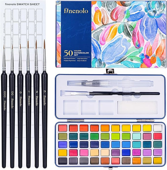 Finenolo 50 Colors Watercolor Paint Set with 8 Brushes (Water Brush + Detail Brushes), Mixing Palettes & Complete Accessories, Perfect for Beginners,Great for Outdoor Sketching, Painting Creation, Holiday Gifts