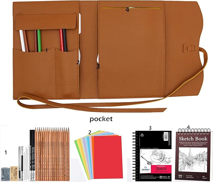 Drawing Book Cover Sketchbook Cover with Pencils Leather Artist Bag Artist Gifts Leather Art Book Cover for Sketchbook Journal Notebook (S for 5.5"x 8.5")