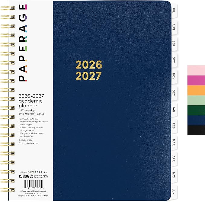 PAPERAGE Academic Planner, Weekly & Monthly Planner & Calendar, 12-Months, July 2026 - June 2027, (9.5" x 11"), School & Student Planning Agenda with Tabs, Bonus Pages & Inner Pocket, Royal Blue