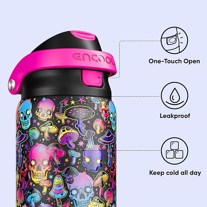 Encool SwiftSip Insulated Stainless Steel Water Bottle with Straw - Leak Proof Sports Water Bottle for School, Travel, Keeps Cold All Day, One-Touch Flip Lid, BPA-Free, 32 oz, Trippy Skulls