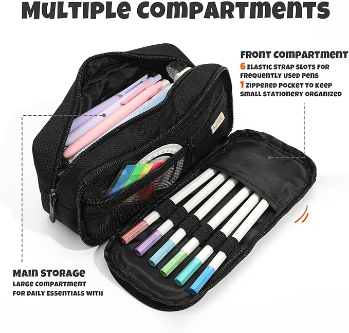 SUNEE Pencil Case, Large Capacity Pencil Pouch, Extra Big Pencil Bag with 6 Compartments, 900D Oxford Pencil Box for Office Stationery Organizer, School Supplies for Teen Boys Girls Women Men, Black