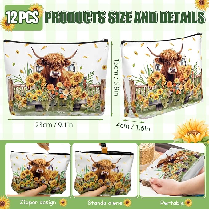 Reginary 12 Pcs Highland Cow Makeup Bags Sunflower Cow Cosmetic Bags with Zippers Floral Pouch Bulk Appreciation Gifts for Mom Women Teacher Graduation Summer Wedding Birthday Travel Party Supplies