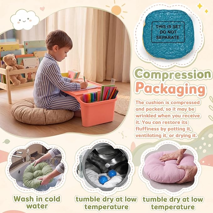 Supervitae 16 Pcs Kids' Lap Desk and Classroom Floor Cushions Set, Including Stackable Lap Tray 19.7 x 14.8 x 7.7'' & Floor Pillow 16'' for Classroom Kindergarten Daycare Nursery (Morandi Colors)