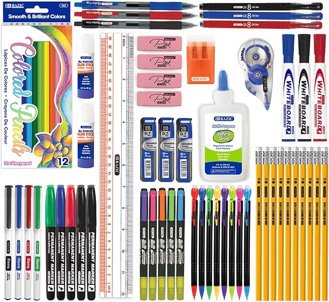 BAZIC PRODUCTS School Supplies Kit – 66 Piece Set for K–12 Students, Stationery Essentials with Colored Pencils, Markers, Pencils, Glue, Erasers, Highlighters, & Correction Tape, 1-Pack