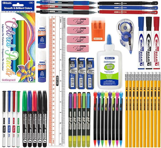 BAZIC PRODUCTS School Supplies Kit – 66 Piece Set for K–12 Students, Stationery Essentials with Colored Pencils, Markers, Pencils, Glue, Erasers, Highlighters, & Correction Tape, 1-Pack