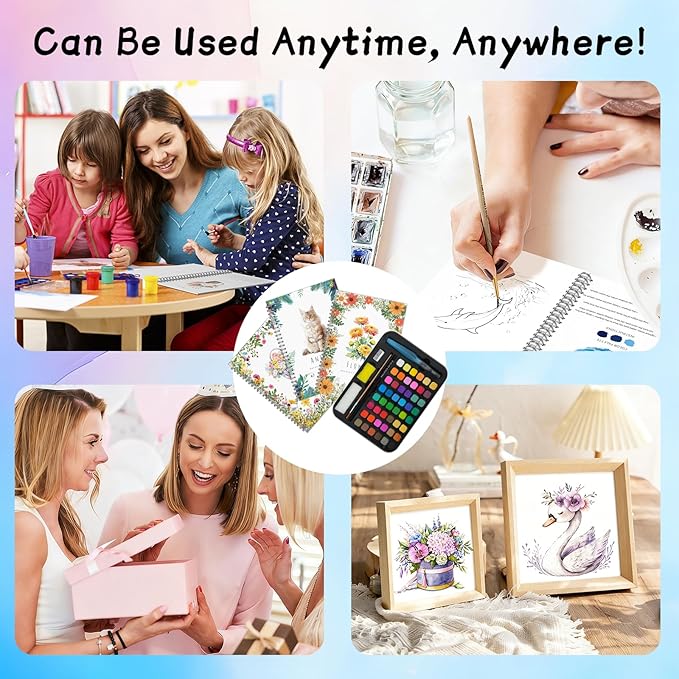 Watercolor Kit for Adults Beginners - 48 Colors Paint Set with 3 Workbooks & 3 Brushes, Step by Step Painting Guide, Create 30 Pictures in 30 Mins, All-in-One Art Supplies Gift