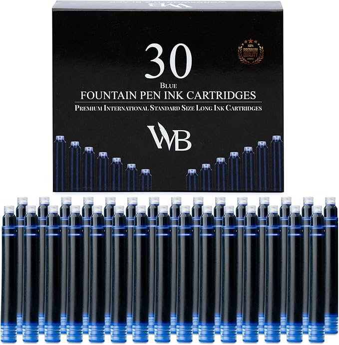 Wordsworth & Black 30 Pack Fountain Pen Ink Refills - Set of 30 Blue Ink Cartridges - International Standard Size - Length APPR 2.3" - Base Diameter APPR 0.24" - Disposable and Generic