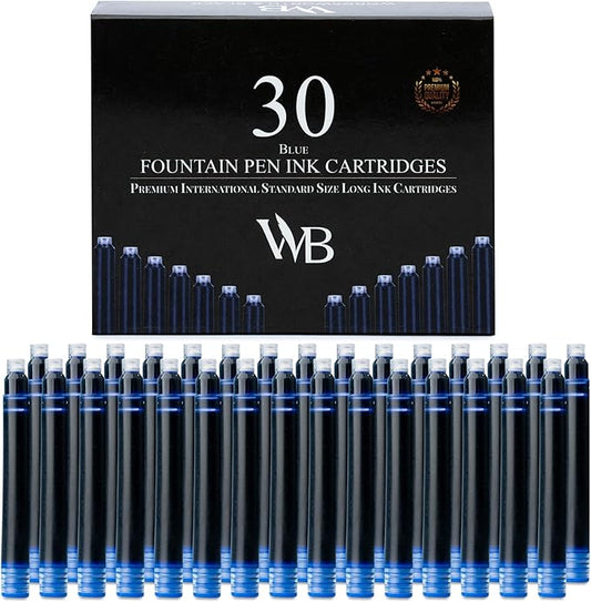Wordsworth & Black 30 Pack Fountain Pen Ink Refills - Set of 30 Blue Ink Cartridges - International Standard Size - Length APPR 2.3" - Base Diameter APPR 0.24" - Disposable and Generic