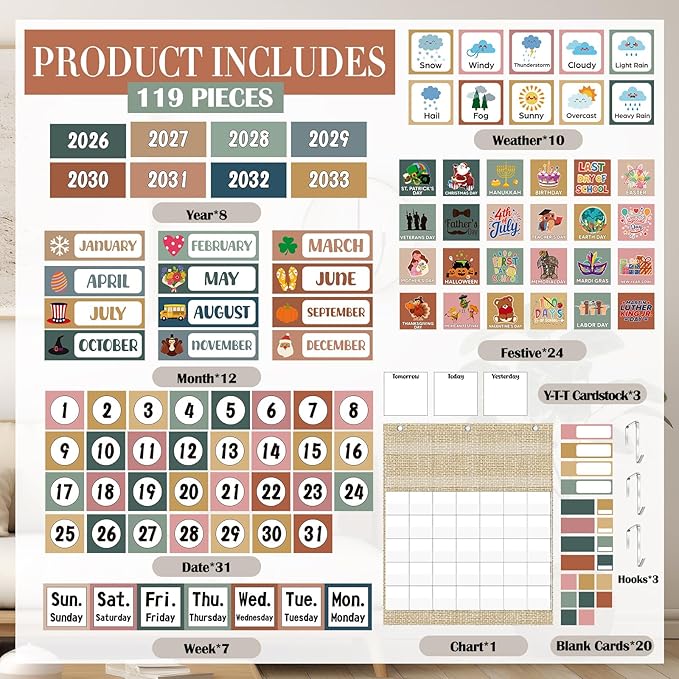 Tinlade Classroom Calendar Pocket Chart Set with 115 Cards 24 x 28 Inch Modern Neutral Calendar Bulletin Board Pocket 2026-2033 Festival Weather Teacher Supplies for Classroom Wall Decoration