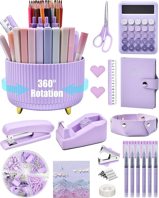 LXEVIHK Purple Desk Accessories, 20Pce Office Supplies and 360°Pen Holder Desk Organizers, With Tape Dispenser, Stapler, Staple Remover, Ect, Fill Your Desktop With Lovely Colors