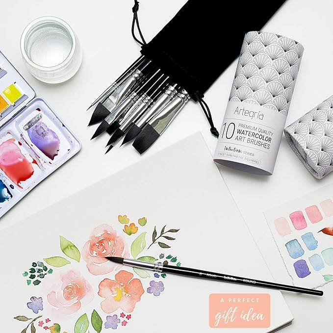 ARTEGRIA Watercolor Brush Set, 10 Professional Soft Synthetic Squirrel Paint Brushes, Including Pointed Rounds, Flats, Dagger, Oval Wash