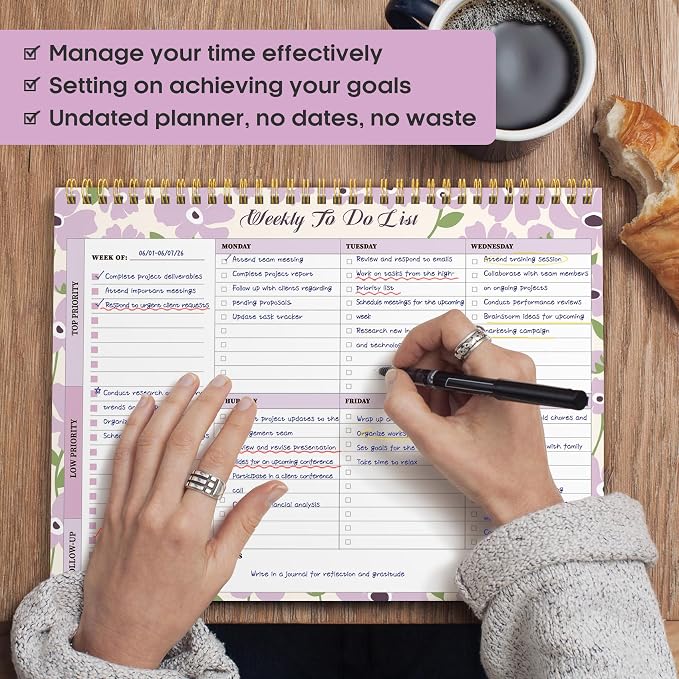 Weekly To Do List Notepad with 52 Undated Sheets（8.5"×11"）- Weekly Desk Planner for Women & Man, Work and Home - Lilac Whisper