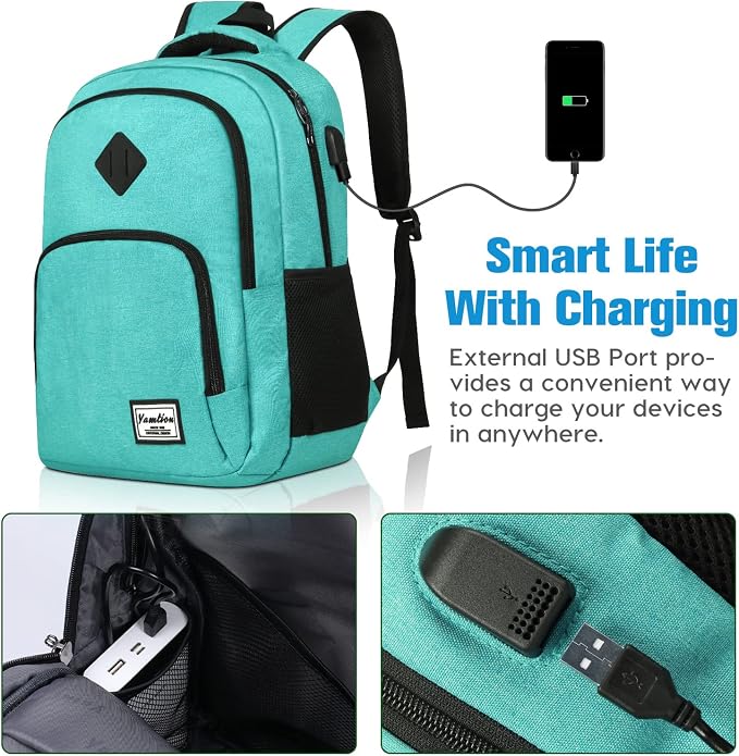 YAMTION School Backpack for Teen Girls and Boys,Laptop Bookbag for College with USB Charging Port,Green