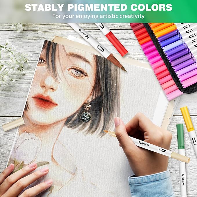 Eglyenlky Markers for Adult Coloring, 100 colors Dual Brush Pens Art Coloring Pens with Fine Tip and Brush Tip for Adult Kids Drawing Lettering Calligraphy (White Set)
