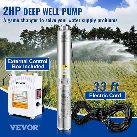 VEVOR Deep Well Submersible Pump, 2HP 230V/60Hz, 37GPM 427 ft Head, with 33 ft Cord & External Control Box, 4 inch Stainless Steel Water Pumps for Industrial, Irrigation and Home Use, IP68 Waterproof
