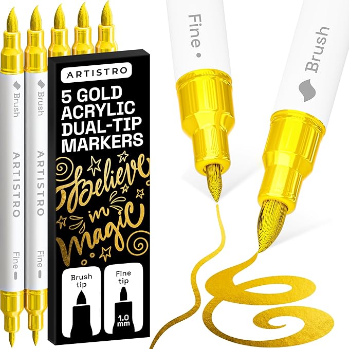 ARTISTRO 5 Gold Acrylic Paint Markers - Paint Pens for Drawing, Brush + Fine Tips - For Fabric, Rock, Glass, Wood, DIY - Art & Craft Supplies for Adults, Teens, Kids - Teacher Appreciation Gift