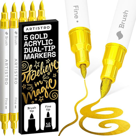 ARTISTRO 5 Gold Acrylic Paint Markers - Paint Pens for Drawing, Brush + Fine Tips - For Fabric, Rock, Glass, Wood, DIY - Art & Craft Supplies for Adults, Teens, Kids - Teacher Appreciation Gift