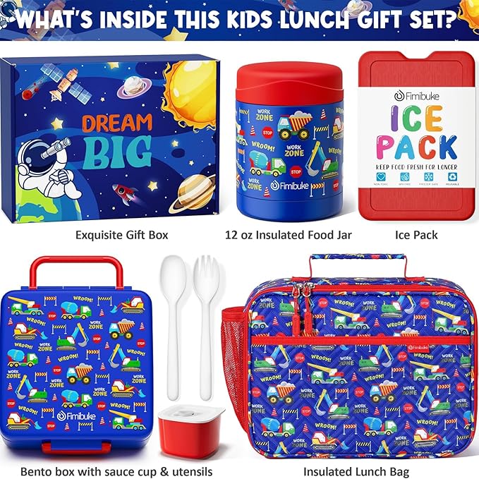 Fimibuke Kids Bento Snack Lunch Box with 4 Compartment, Insulated Lunch Bag, Stainless Steel Vacuum Thermo Food Jar, Ice Pack, Utensils Set, Birthday Gifts for Age 3-12 Back to School Toddler Girl Boy