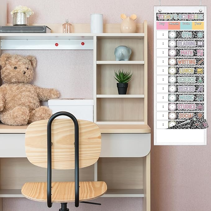 JarThenaAMCS Composition Notebook Daily Schedule Pocket Chart 13 x 35.5 In Back to School 13 + 1 Pocket Visual Schedule Chart Board with 24 Card for Classroom Home Office Supplies