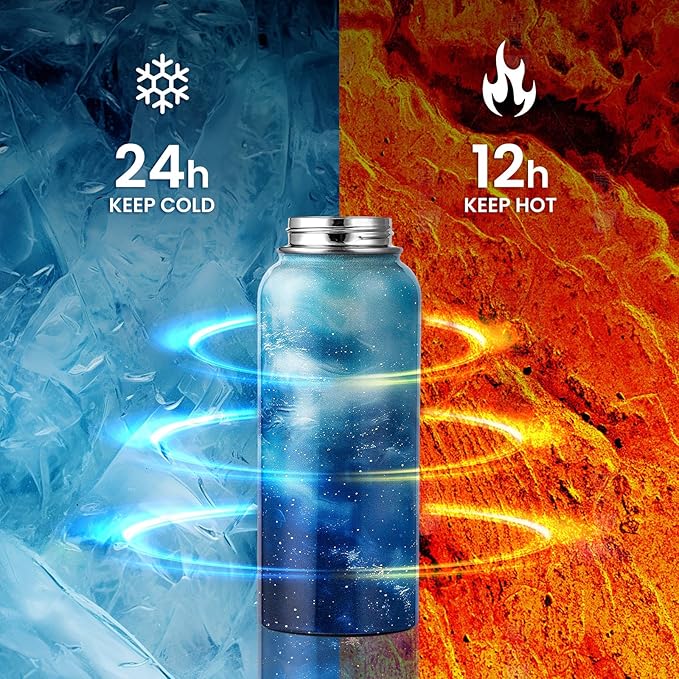 RAYMYLO Insulated Water Bottle 32 oz, Triple Wall Vacuum Stainless Steel (Cold for 24Hrs, Hot for 12Hrs), Leak Proof & Non-BPA, Modern Water Flask Jug with Paracord Handle & Straw Spout Lids