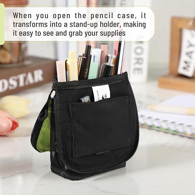 Mr. Pen- Standing Pencil Case Pouch, Sit & Lay Mesh-View Design, Black & Lawn Green, Interior Pocket & 2 Elastic Binder Loops, Cute Pencil Case for Girls and Boys