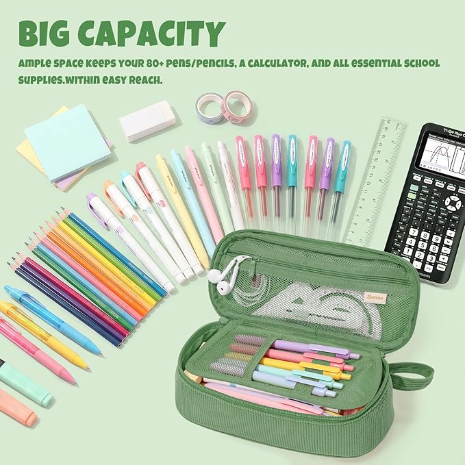 SUNEE Cute Pencil Case, Large Capacity Pencil Pouch, Soft Corduroy Pencil Bag, Big Storage Pen Organizer for Stationery, Aesthetic Zipper Pencil Box, Back to School Supplies for Teen Girls Boys, Green