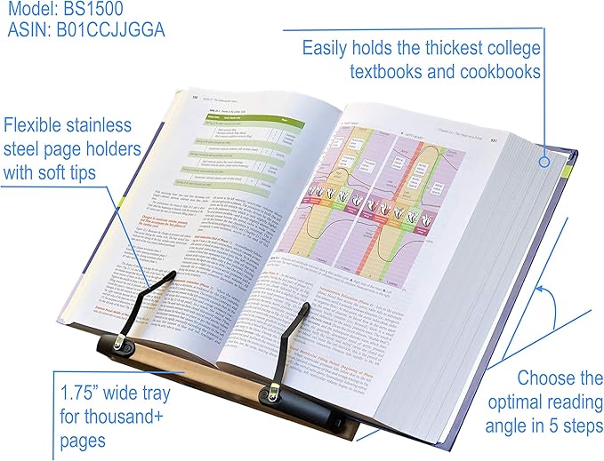 BS1500 11.8x8.5 Portable Adjustable Foldable Bookstand Holder for Reading Hands Free Large Thick Heavy Textbooks Cookbooks Tablets