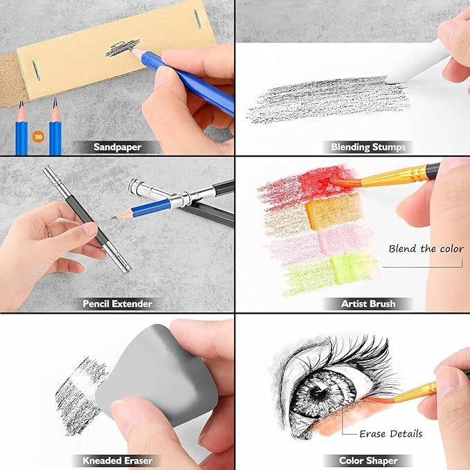 Caliart 176PCS Art Supplies Sketching Kit with 100 Sheets 3-Color Sketch Book, Graphite Colored Charcoal Watercolor & Metallic Pencils, Drawing Supplies Set Gifts for Artists Adults Beginners