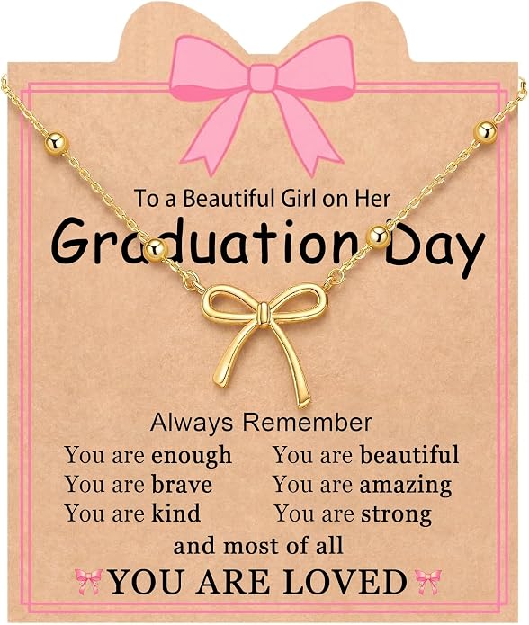 Gold Bow Necklace with Card, Graduation/16th/Back to Shool Gifts for Girl - You Are Enough and Loved