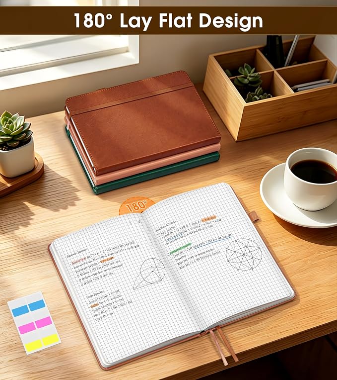A5 Leather Hardcover Graph Paper Notebook, 160 Pages (5 Squares/Inch), 180° Lay-Flat Binding, 100 GSM Thick Paper, for Math, Engineering, Students & Technical Work (Pink)