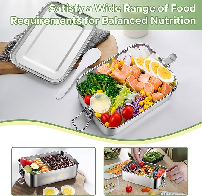 HaWare Stainless Steel Bento Box, 29oz (850ML) Lunch Box Container with Lids and 2 Removable Dividers, Metal Lunch Containers with Locking Clips, Leak-Proof Food Storage Containers for Work School