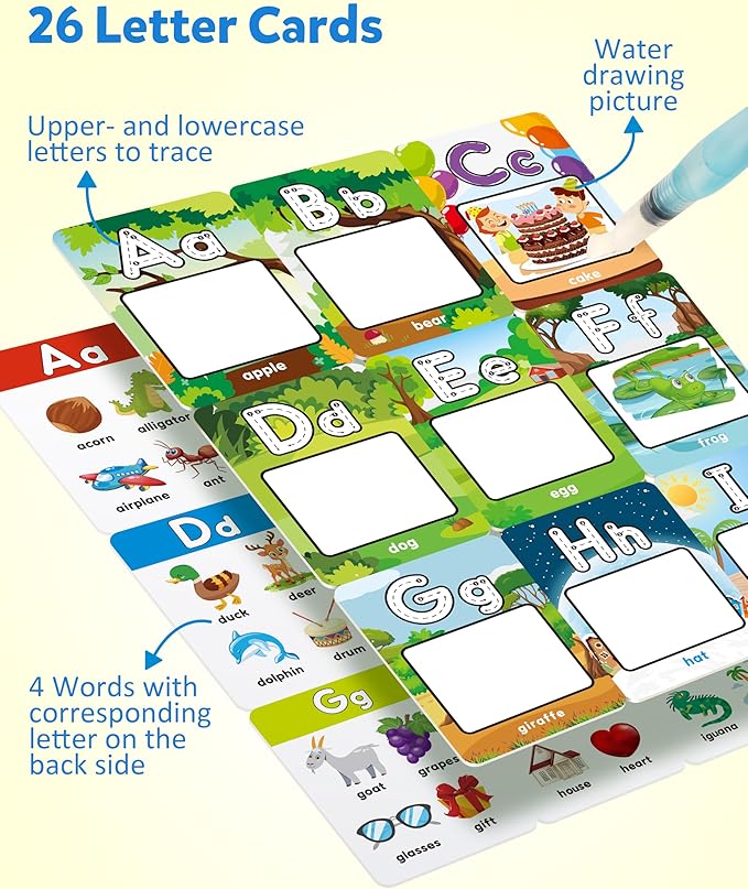 Coogam Water Coloring Alphabet Cards, Aqua Painting Water Drawing 26 Letters ABC Words, Montessori Educational Learning Toy Gift for 3 4 5 Year Old Kids