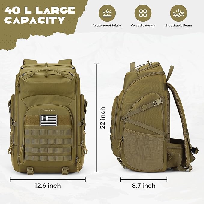 Maelstrom Tactical Backpack for Men, Water Resistant 40L Military Backpack, for Hiking, Camping, Gym with Molle System (Khaki)