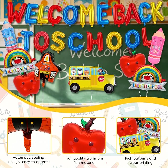 Welcome Back to School Balloons, 29 PCS Back to School Decorations | Back to School Balloon with Letters, School Bus, Apple, Pencil, Rainbow,School and Star Balloons for Classroom Party Supplies