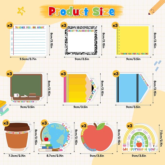 Xqumoi 30 Pack Teacher Appreciation Sticky Notes - Teacher Notepads Blackboard Apple Pencil Shaped Self-Adhesive Writing Memo Pads Set Page Marker for Back to School Gift Classroom Office Supplies