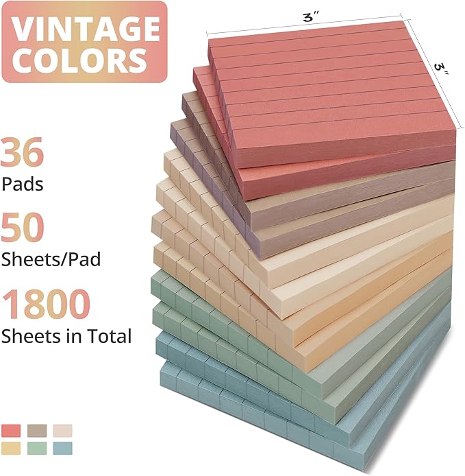 Lined Sticky Notes, 36 Pads, 3x3 Inches Self-Stick Note Pads, Perfect for Office, Study, and Daily Life Organization - Vintage