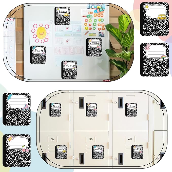 JarThenaAMCS 48Pcs Composition Notebook Magnetic Name Tags Reusable Dry Erase Label Writable Back to School Name Plate Magnet with Markers for Classroom Whiteboard Locker