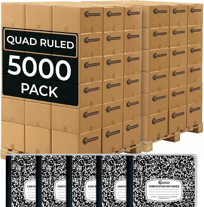 Rosmonde 5000 Pack (Pallet) Composition Notebooks Bulk, Quad Ruled, 200 Pages (100 Sheets), 9-3/4 x 7-1/2, Pallet for Classroom Supplies, Bulk Order for School Districts & Office, 4-7 Days Transit
