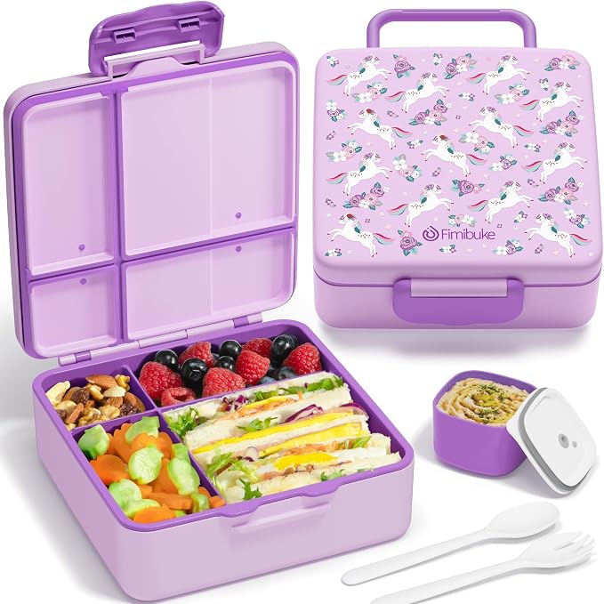 Fimibuke Bento Lunch Box for Kids, Toddler Bento Box with 4 Compartments | Leak Proof BPA Free Dishwasher Safe Lunch Container with Utensils, Ideal Portion Sizes for Ages 3-12 Girls Boys for School