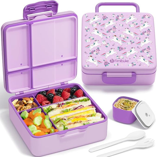 Fimibuke Bento Lunch Box for Kids, Toddler Bento Box with 4 Compartments | Leak Proof BPA Free Dishwasher Safe Lunch Container with Utensils, Ideal Portion Sizes for Ages 3-12 Girls Boys for School