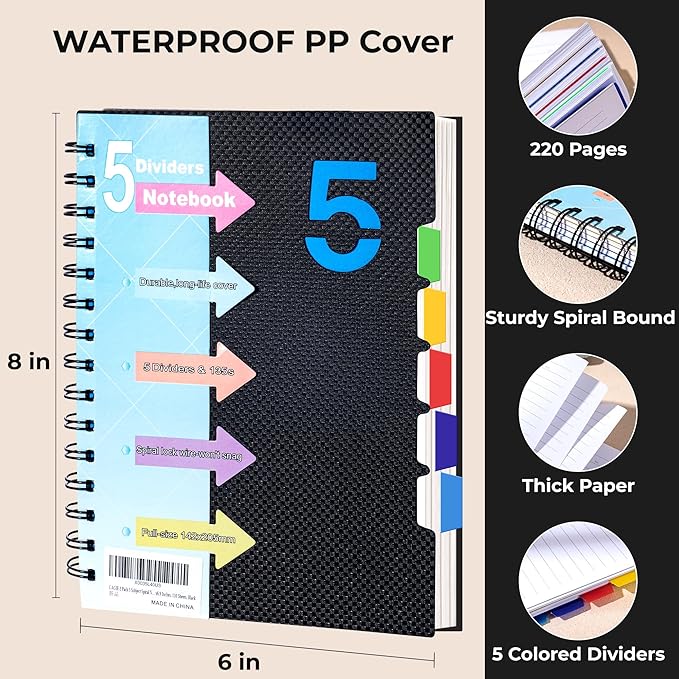 CAGIE 5 Subject Notebook with Dividers 220 Pages Spiral Notebooks with Tabs 5x7 A5 Spiral Bound Journal for Note Taking Work School Supplies, Wide Ruled, Black