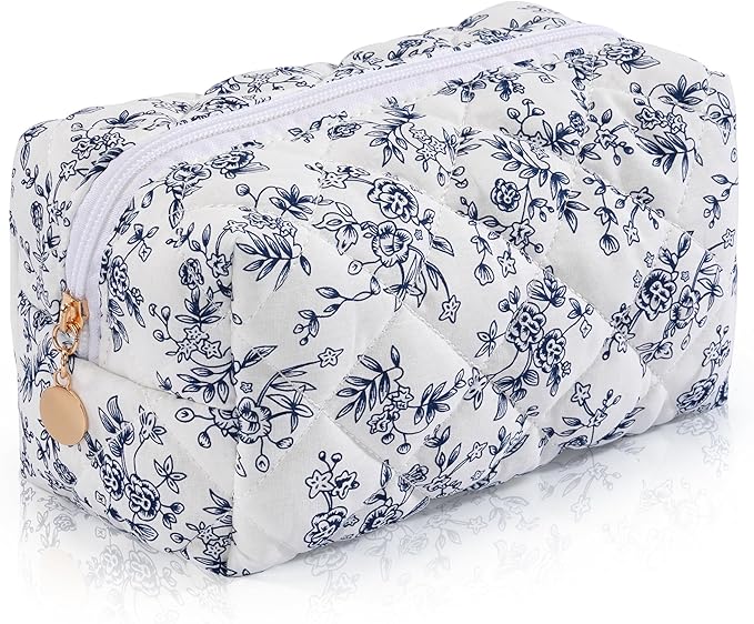 Makeup Bag Travel Toiletry Bag for Women, Small Cosmetic Bags Aesthetic Organizer Quilted Cotton Makeup Pouch&Purse Emergency Bag Floral Pencil Case Accessory Bag, Vintage Blue