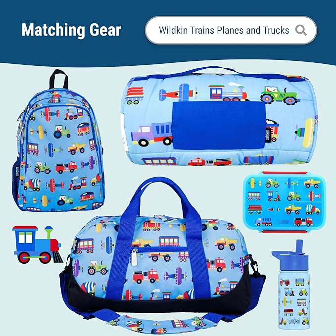 Wildkin Kids Insulated Lunch Box, Keeps Food Hot or Cold, BPA-Free with Mesh Pockets & Easy-Clean Lining – Ideal for School, Travel & Daycare – Trains, Planes, and Trucks