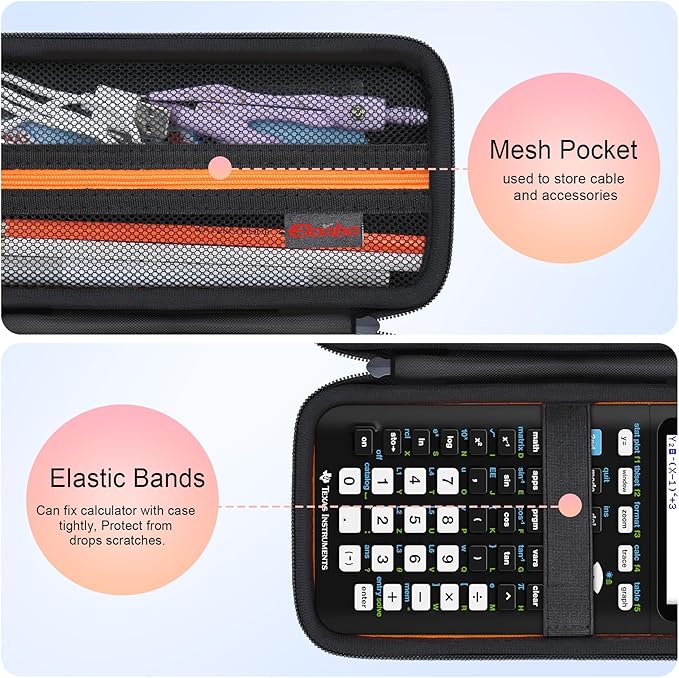 Elonbo Carrying Case for Texas Instruments TI-84 Plus CE/TI-84 Evo/TI-84 Plus/TI-83 Plus/TI-83 Plus CE Color Graphing Calculator, Extra Mesh Pocket Fits Charging Cable Charger Manual, Black