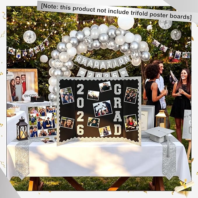 Silver 175 Pcs Graduation Photo Display Board Sticker Glitter Border Trim Alphabet Letter Number for 2026 Grad Party Trifold Poster Photo Display Event Displays Bulletin Board