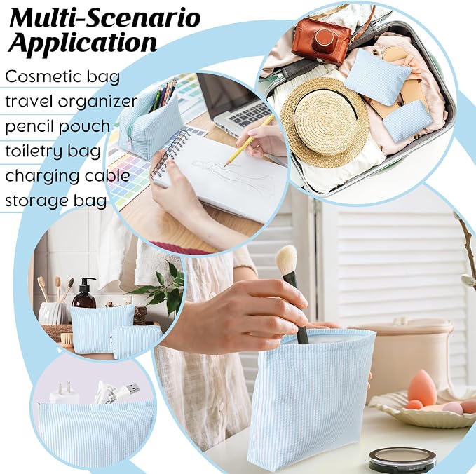 Huhumy 2 Pcs Makeup Bag Set for Women, Light Blue, Thin Striped Seersucker | Cute Cosmetic Pouch Women Travel Toiletry Bag Preppy Small Makeup Purse Pouch Aesthetic Skincare Brushes Storage Organizer