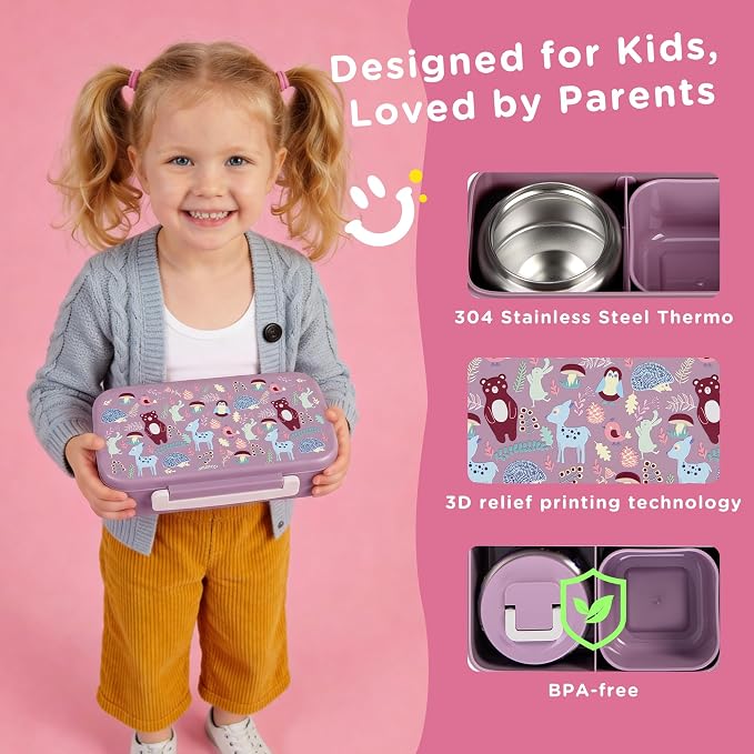 Bento Lunch Box for Kids With 8oz Food Thermo,BPA-Free for School | Lunch Container with 2 Compartments, Insulated Food Jar, Dishwasher Safe, Easy to Clean, Lunch Box for Girls Boys